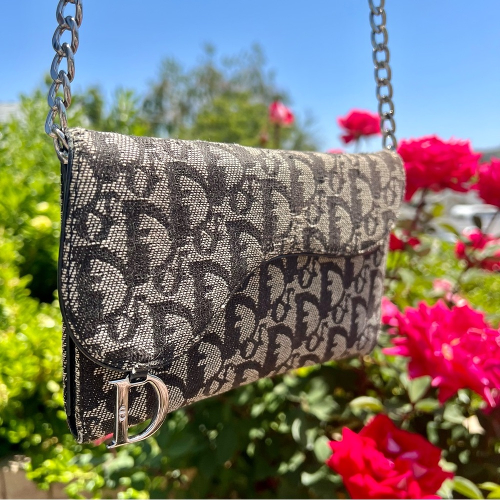 Christian Dior Saddle Flap Wallet with Chain Monogram Grey and Black with Silver